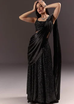 Black Indowestern Sharara Suit With Cowl Blouse With Attached Pallu Attached