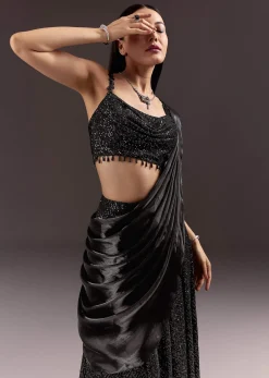 Black Indowestern Sharara Suit With Cowl Blouse With Attached Pallu Attached