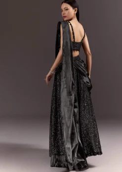 Black Indowestern Sharara Suit With Cowl Blouse With Attached Pallu Attached