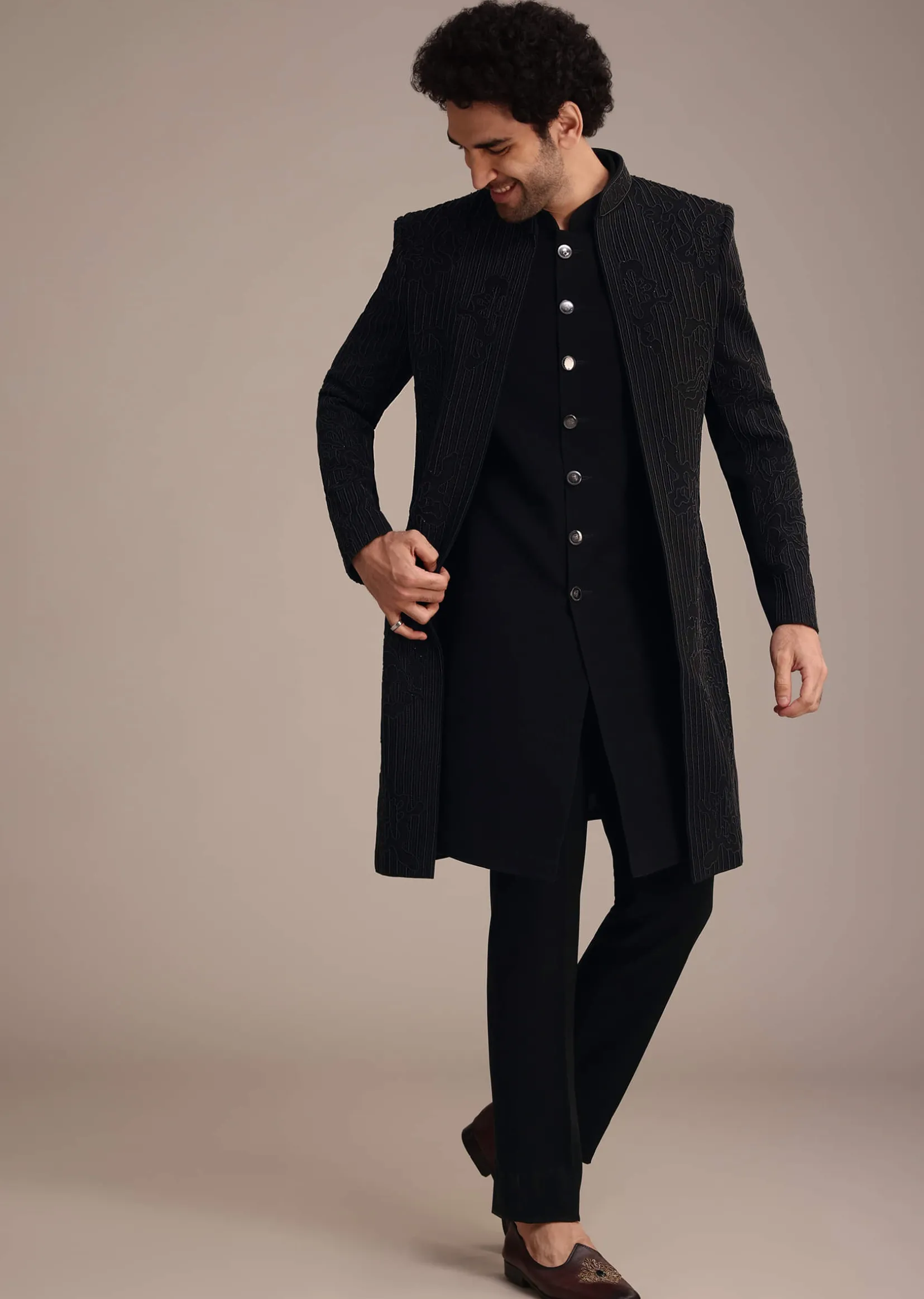 Black Indowestern Suit With Poth Work