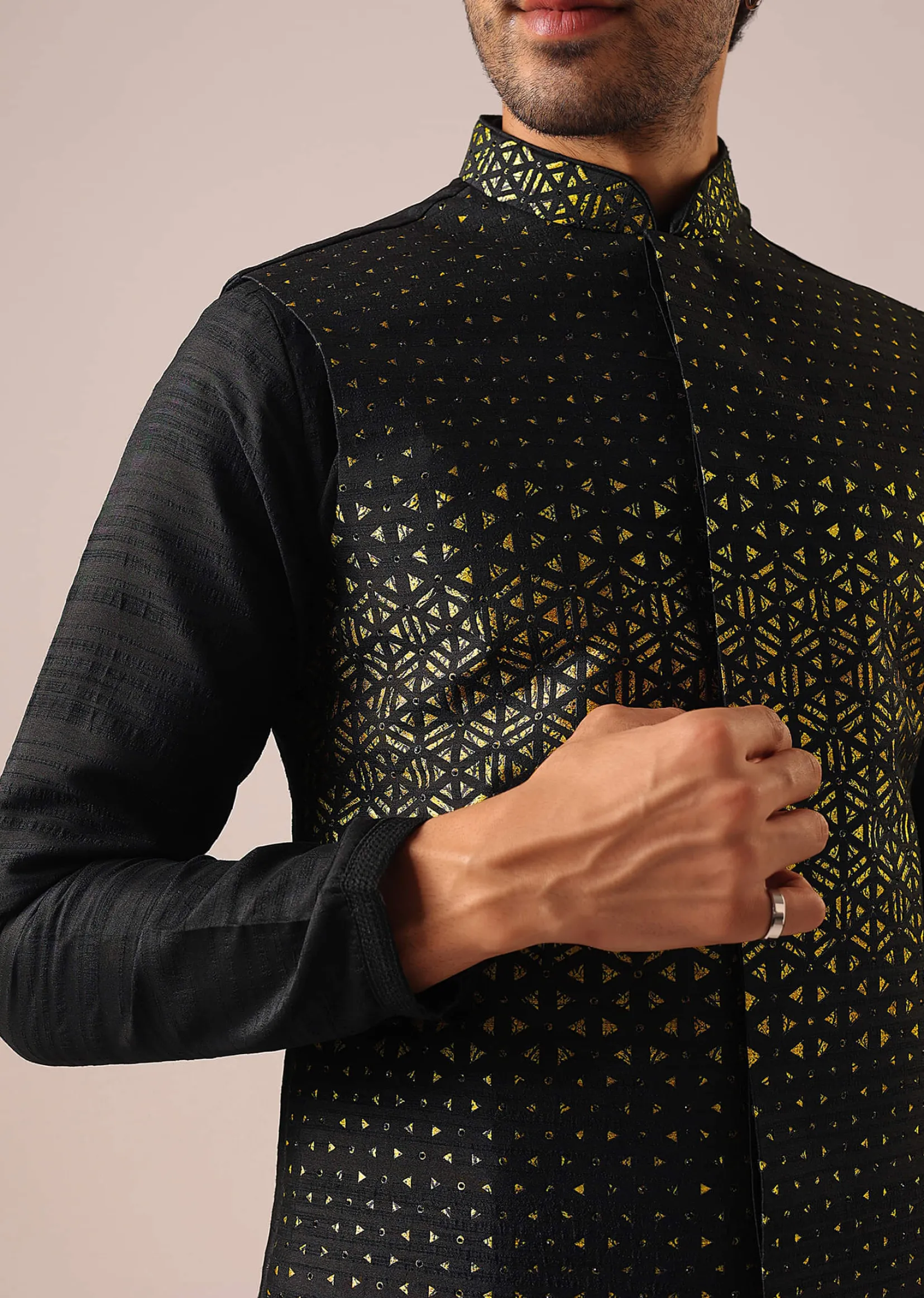 Black Jacket Kurta Set with Embroidered Work