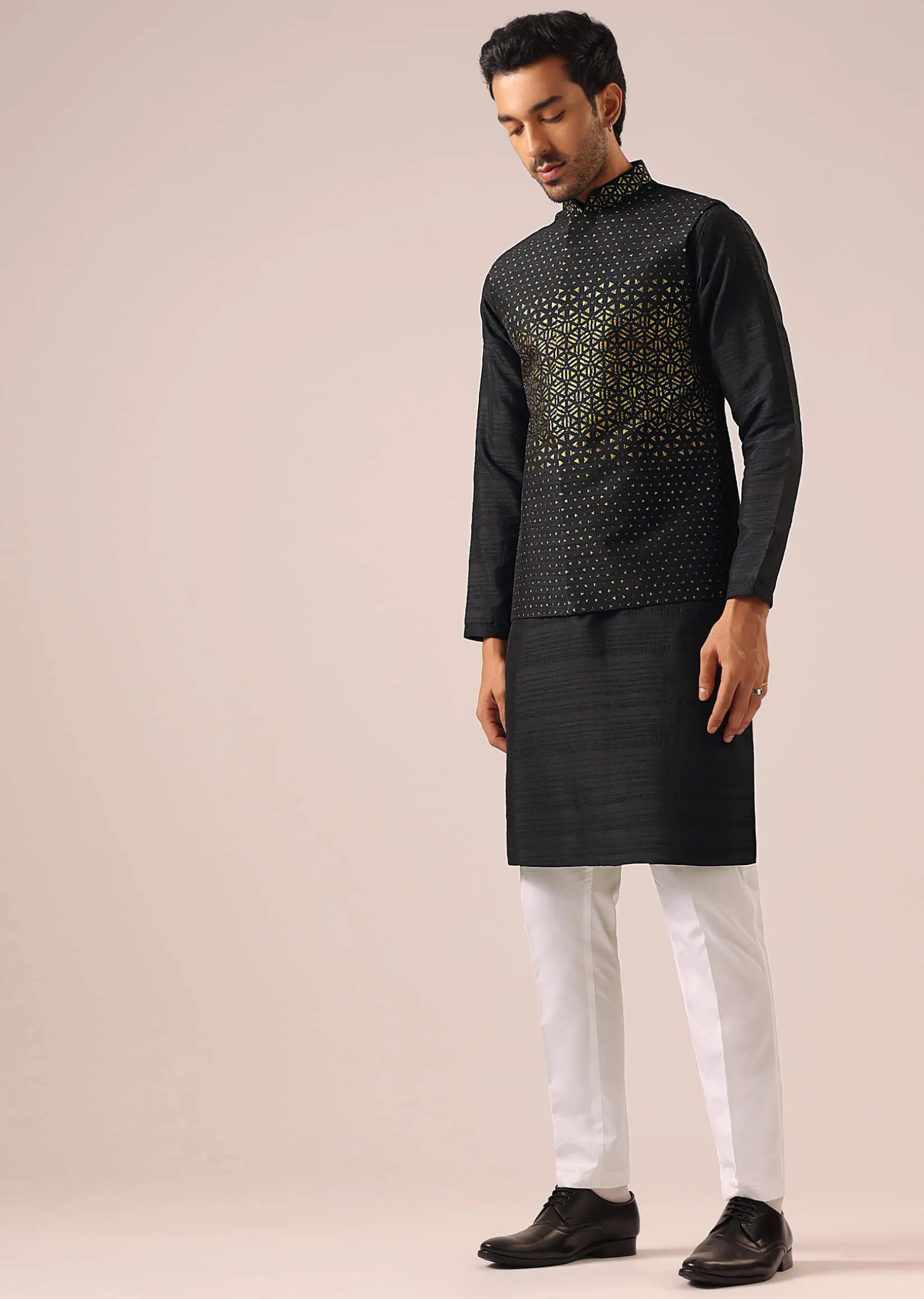 Black Jacket Kurta Set with Embroidered Work