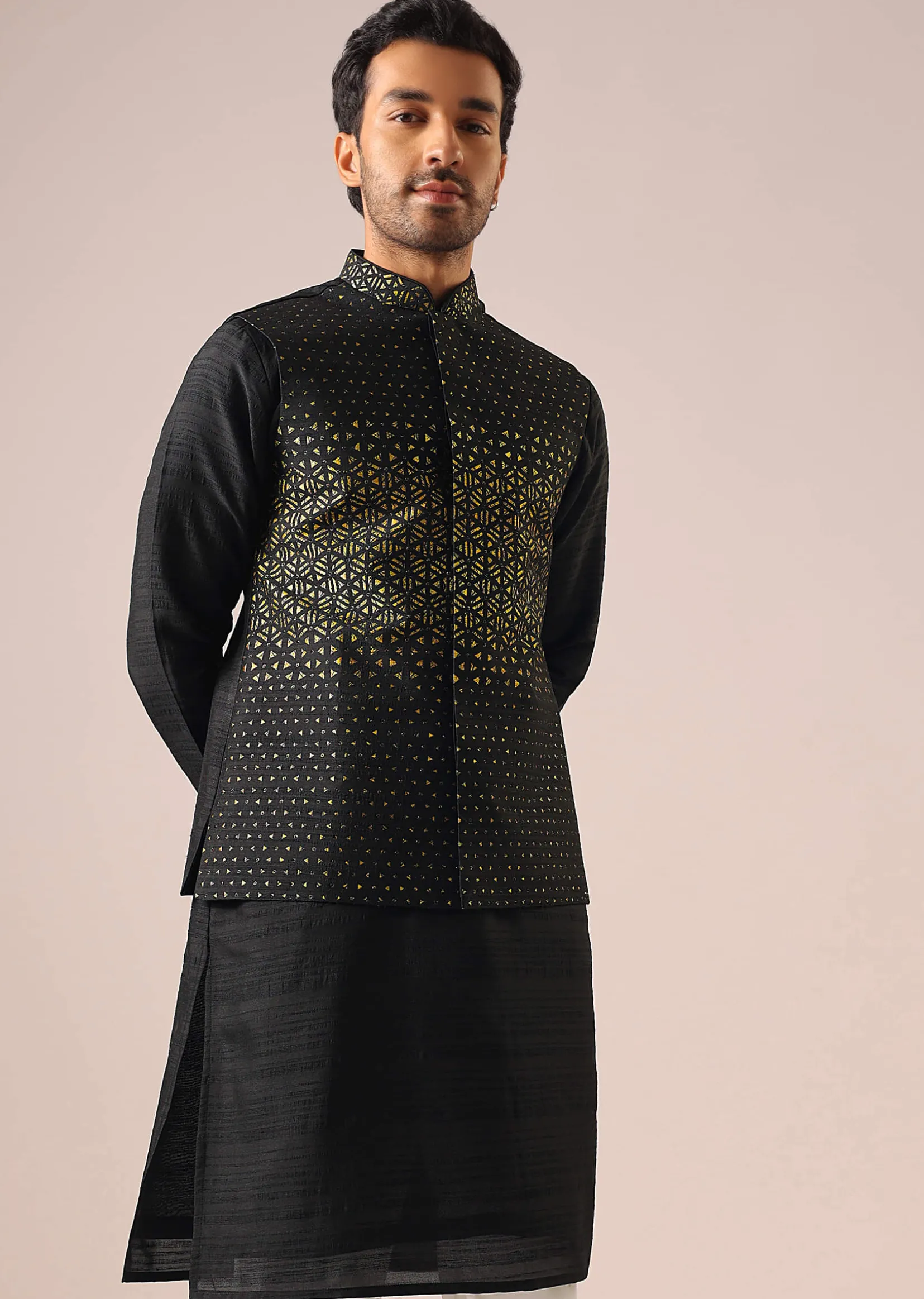 Black Jacket Kurta Set with Embroidered Work