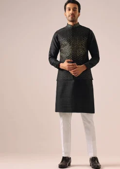 Black Jacket Kurta Set with Embroidered Work