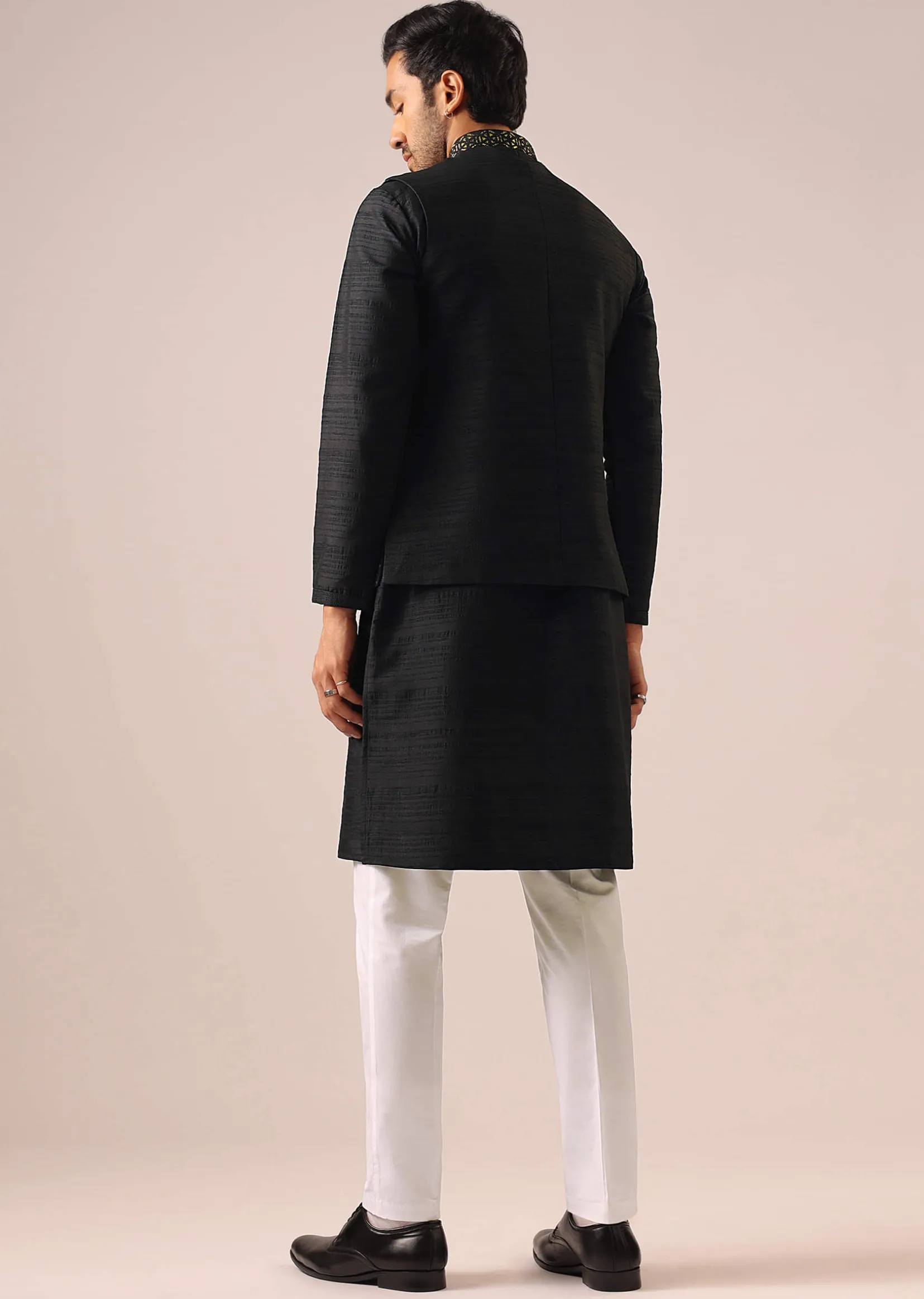 Black Jacket Kurta Set with Embroidered Work
