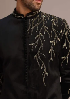 Black Jacquard Indo Western Set with Zardozi Work