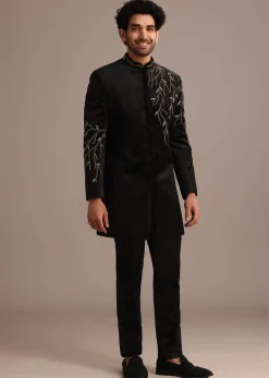 Black Jacquard Indo Western Set with Zardozi Work