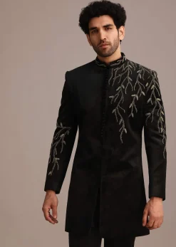 Black Jacquard Indo Western Set with Zardozi Work