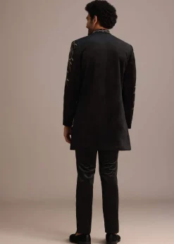 Black Jacquard Indo Western Set with Zardozi Work