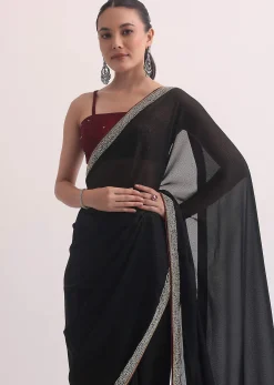 Black Jacquard Saree In Stone Embroidery With Unstitched Blouse
