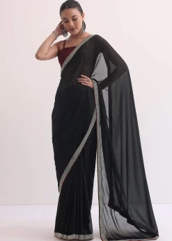Black Jacquard Saree In Stone Embroidery With Unstitched Blouse