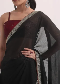 Black Jacquard Saree In Stone Embroidery With Unstitched Blouse