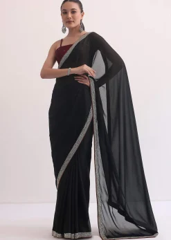 Black Jacquard Saree In Stone Embroidery With Unstitched Blouse