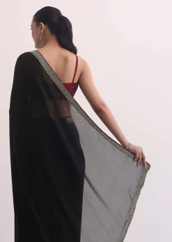 Black Jacquard Saree In Stone Embroidery With Unstitched Blouse