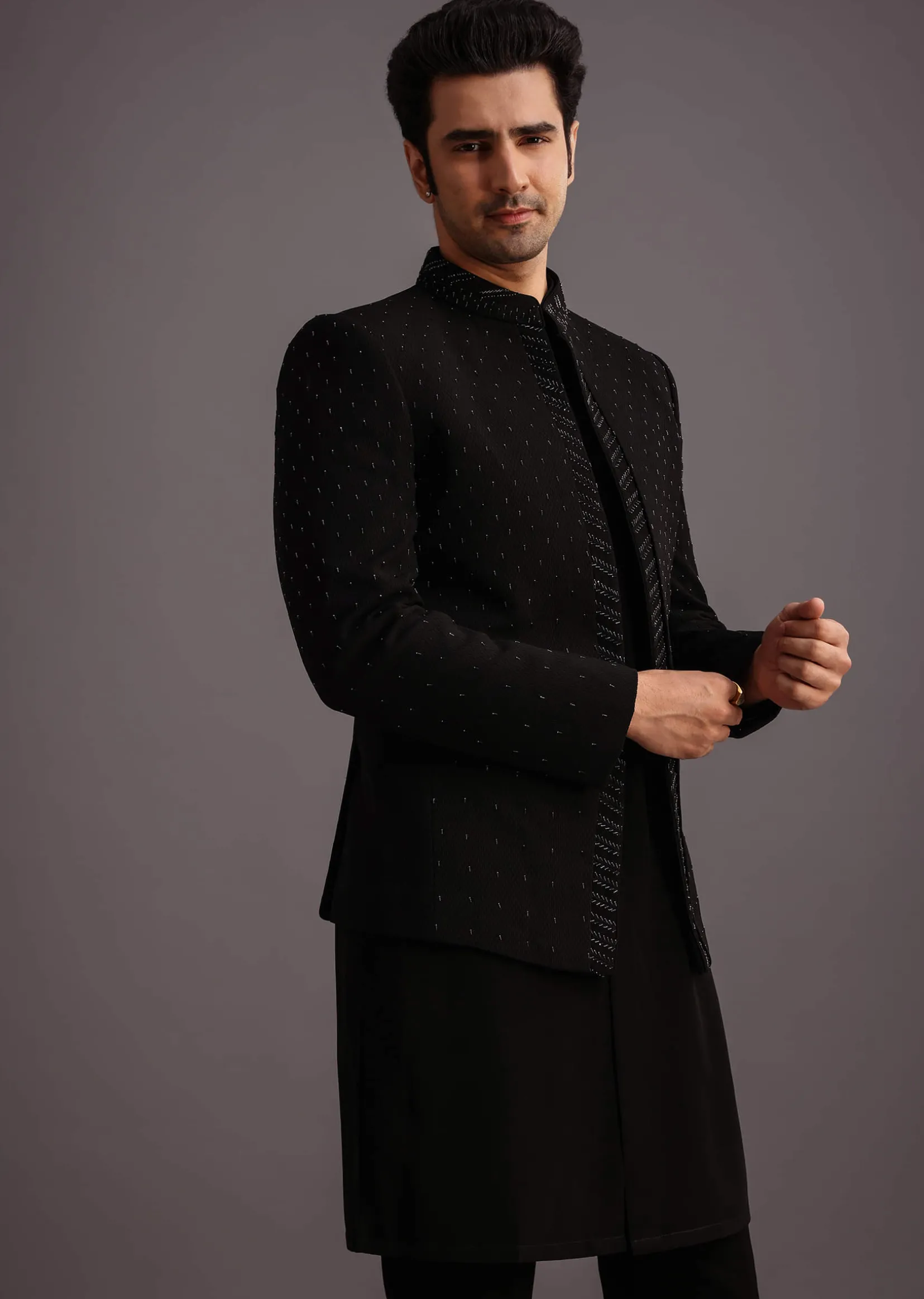 Black Jodhpuri Kurta Set With Handwork