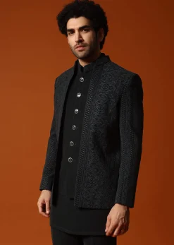 Black Jodhpuri Set In Resham Work For Men