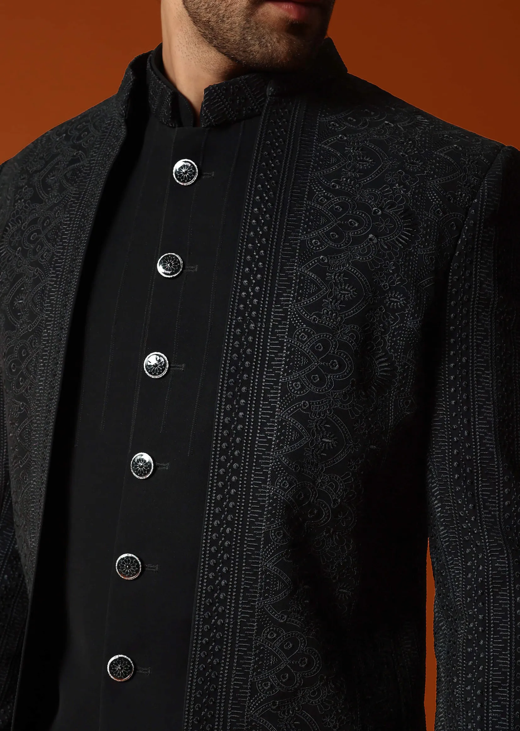 Black Jodhpuri Set In Resham Work For Men