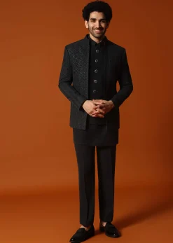 Black Jodhpuri Set In Resham Work For Men