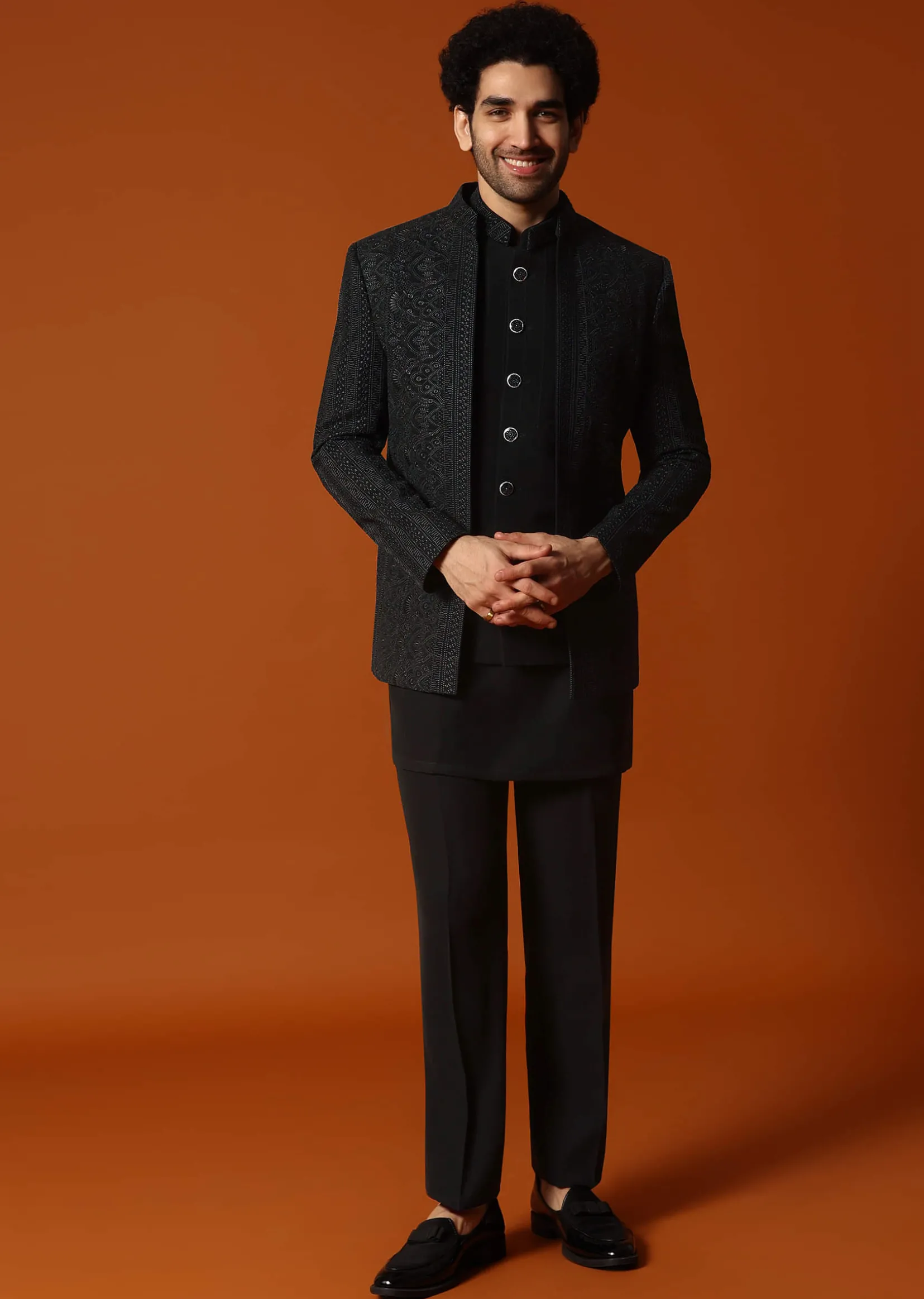 Black Jodhpuri Set In Resham Work For Men