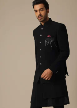 Black Jodhpuri Set With Front Button Detail