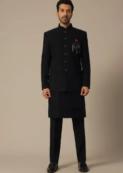 Black Jodhpuri Set With Front Button Detail