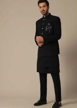 Black Jodhpuri Set With Front Button Detail
