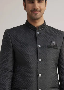 Black Jodhpuri Suit With Embellished Collar