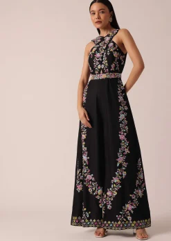 Black Jumpsuit With Floral Motif Embroidery