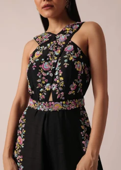 Black Jumpsuit With Floral Motif Embroidery