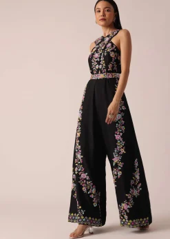 Black Jumpsuit With Floral Motif Embroidery
