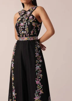 Black Jumpsuit With Floral Motif Embroidery