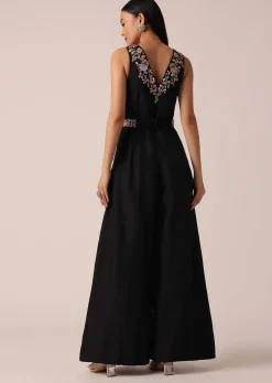 Black Jumpsuit With Floral Motif Embroidery