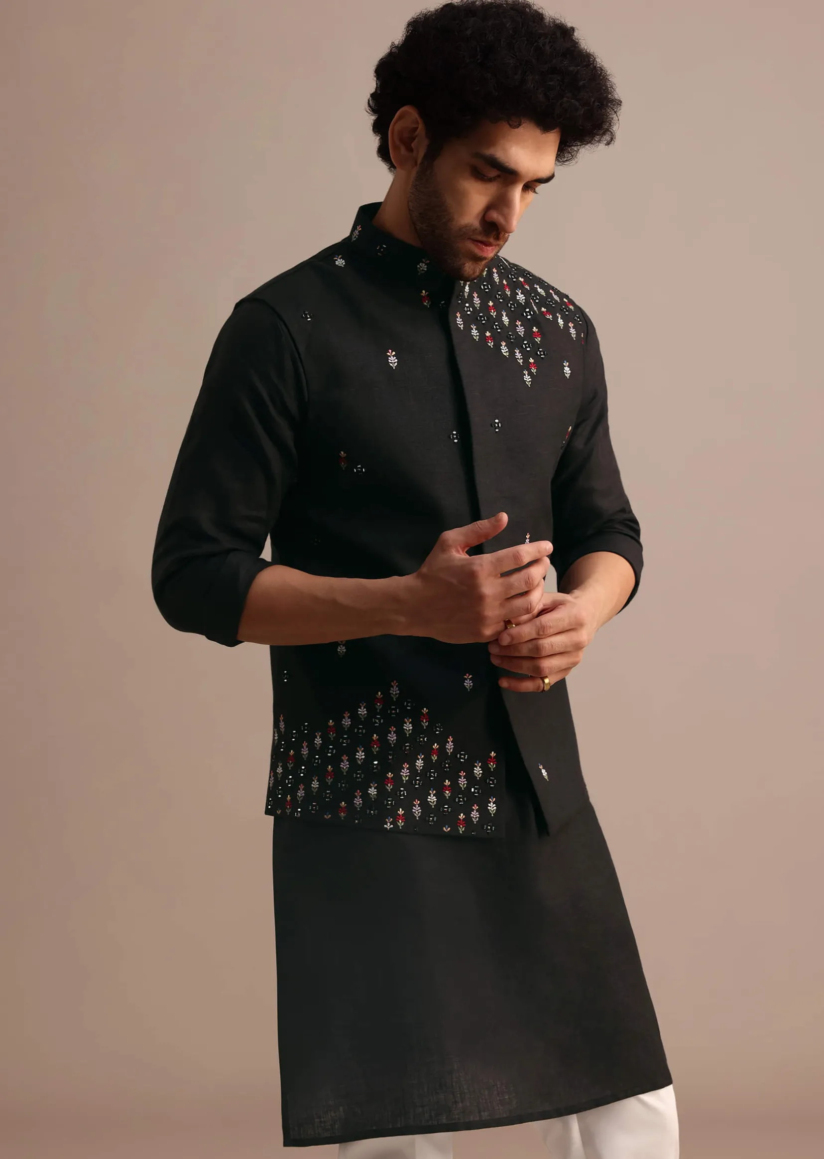 Black Kurta Jacket Set With Resham Work