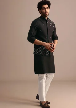 Black Kurta Jacket Set With Resham Work