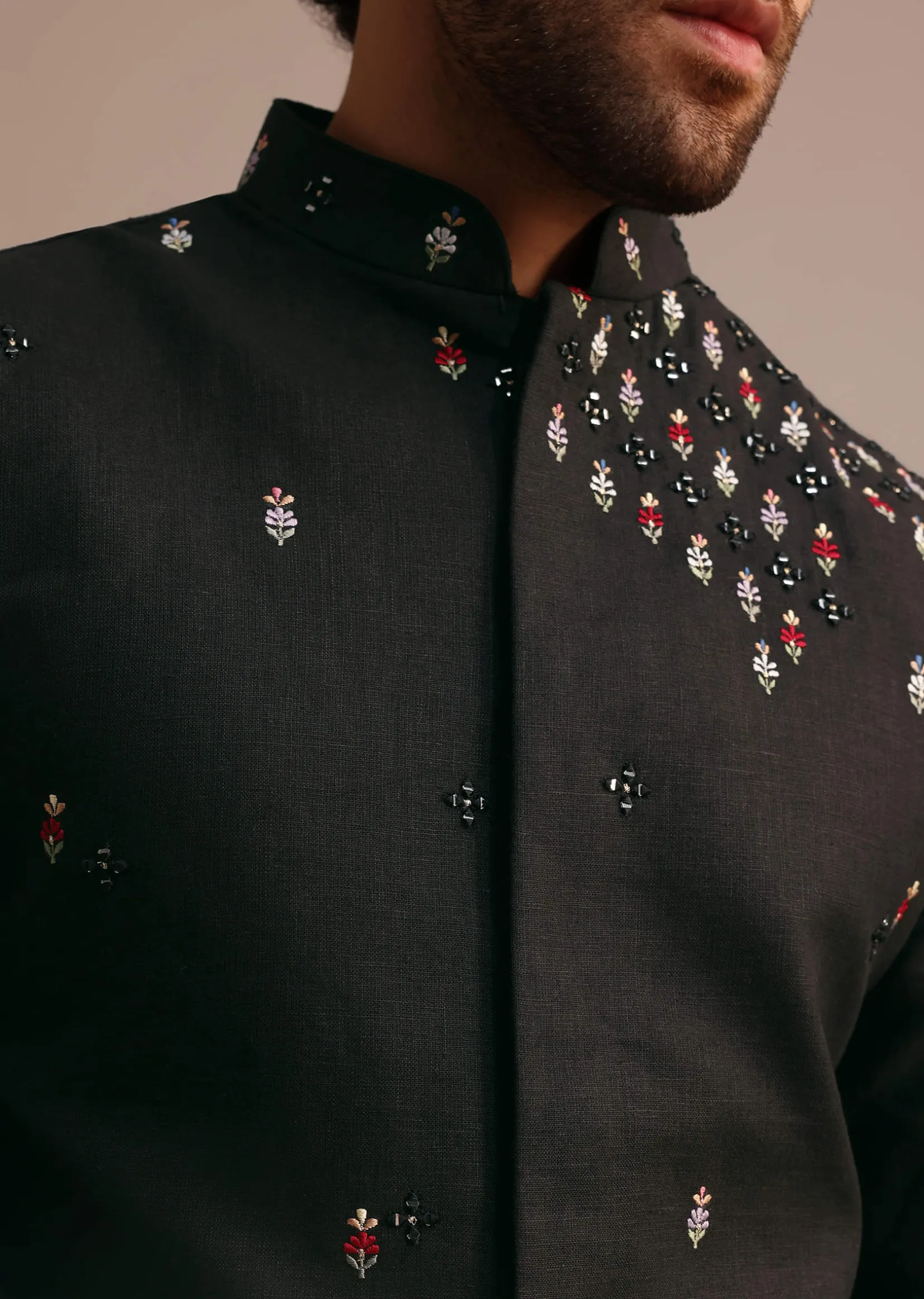 Black Kurta Jacket Set With Resham Work