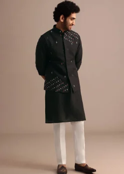 Black Kurta Jacket Set With Resham Work