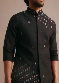 Black Kurta Jacket Set With Resham Work