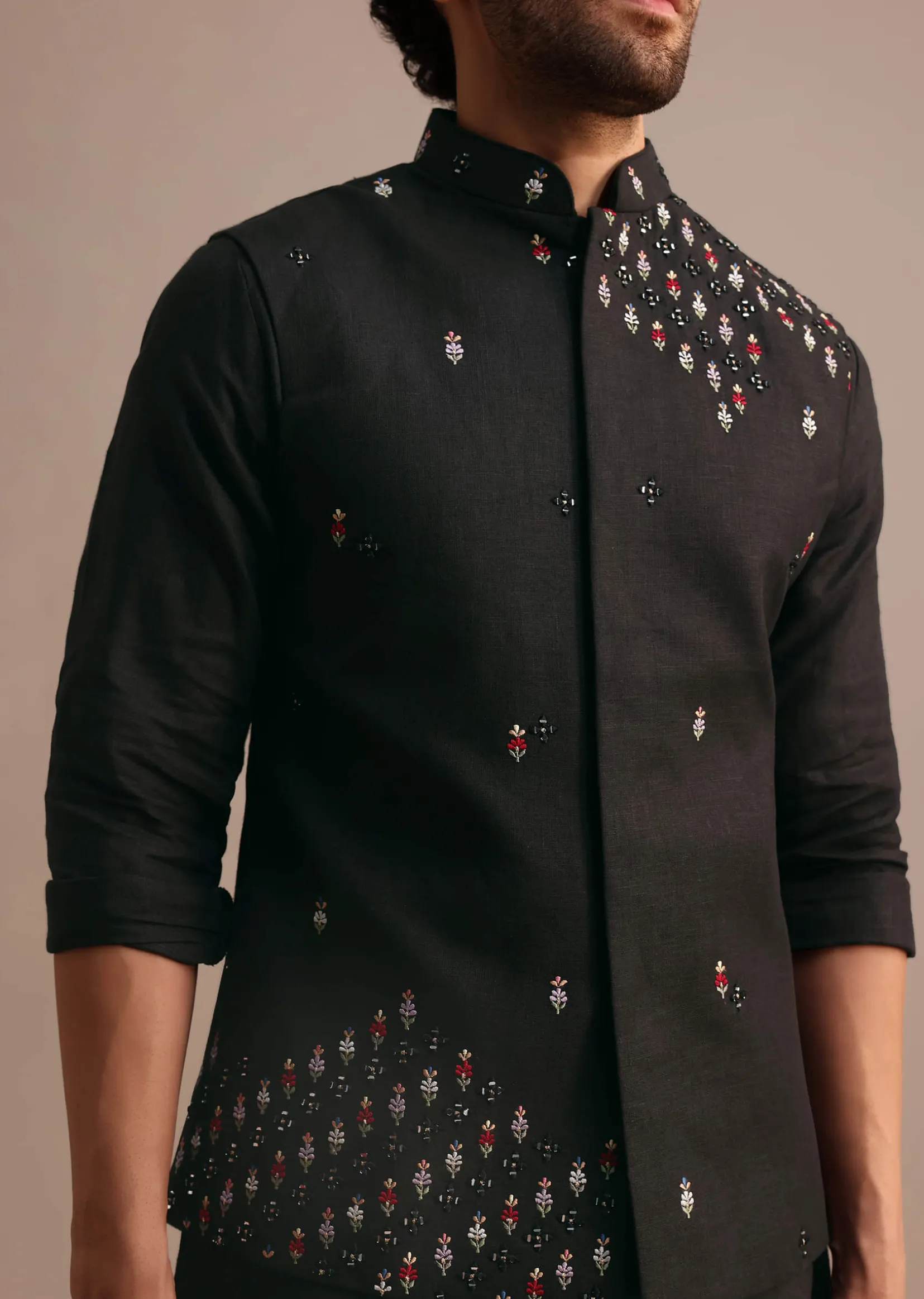 Black Kurta Jacket Set With Resham Work