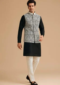 Black Kurta Jacket Set With Resham Work And Hand Embroidered Collar