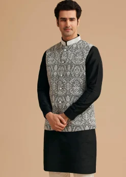 Black Kurta Jacket Set With Resham Work And Hand Embroidered Collar