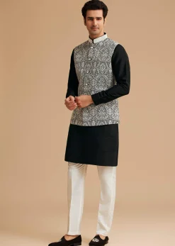 Black Kurta Jacket Set With Resham Work And Hand Embroidered Collar