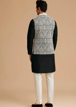 Black Kurta Jacket Set With Resham Work And Hand Embroidered Collar