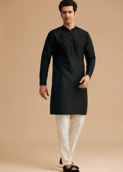 Black Kurta Jacket Set With Resham Work And Hand Embroidered Collar