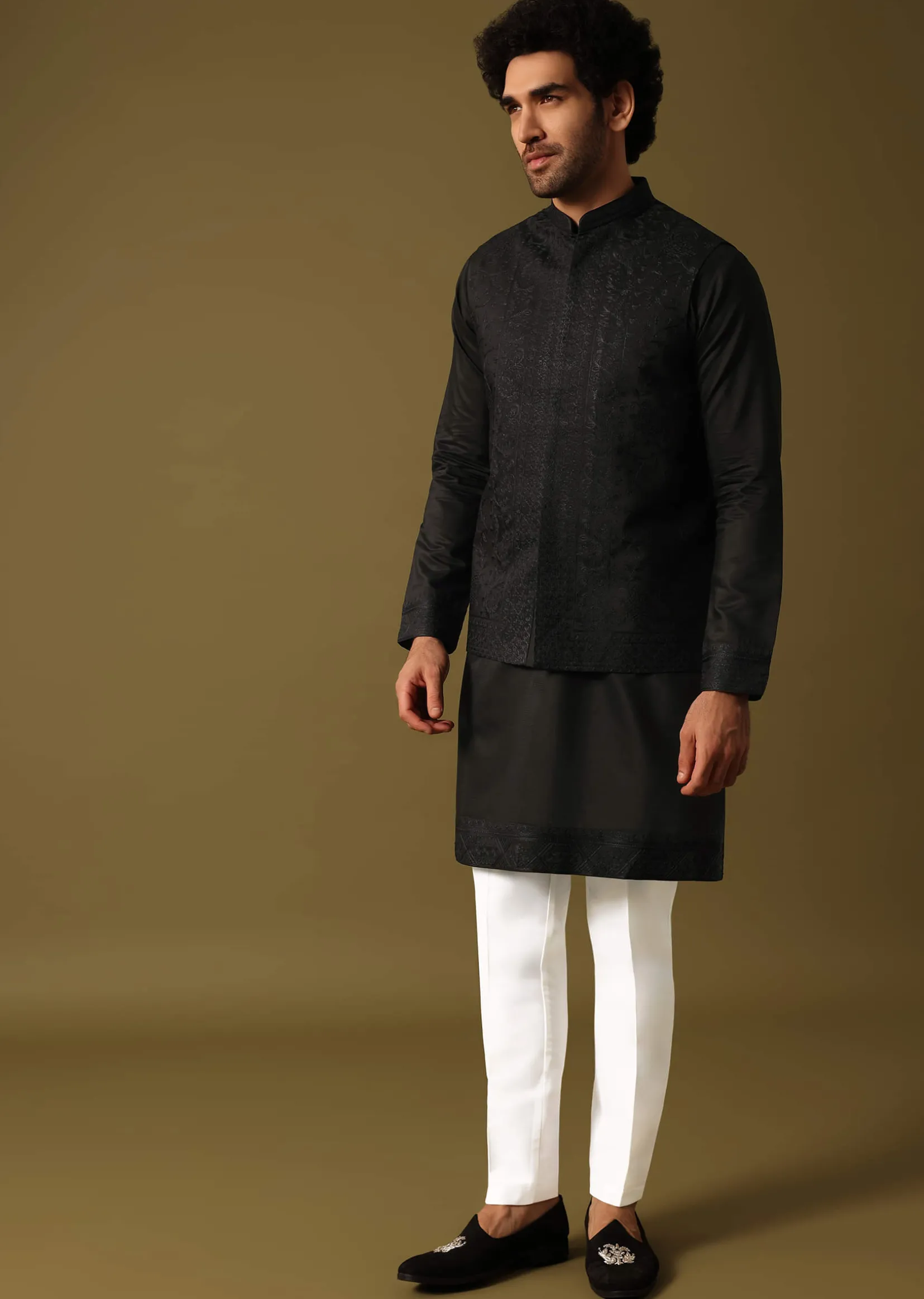 Black Kurta Jacket Set With Resham Work For Men