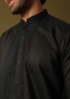 Black Kurta Jacket Set With Resham Work For Men