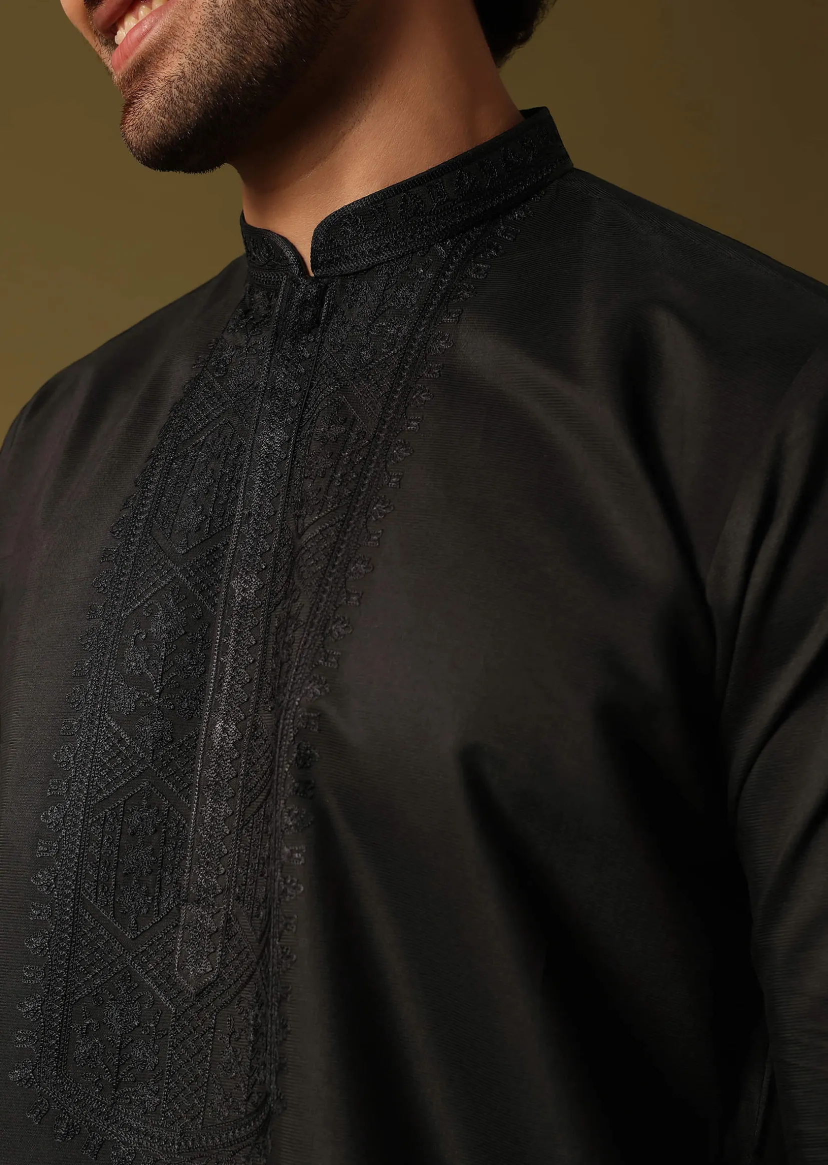 Black Kurta Jacket Set With Resham Work For Men
