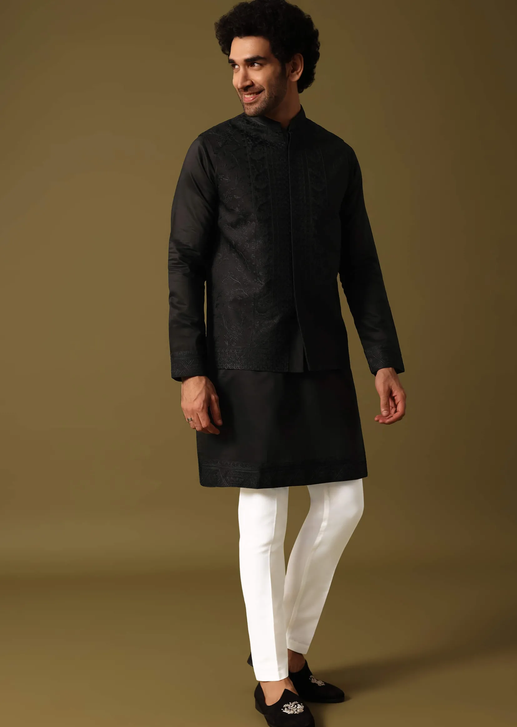 Black Kurta Jacket Set With Resham Work For Men