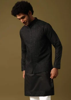 Black Kurta Jacket Set With Resham Work For Men