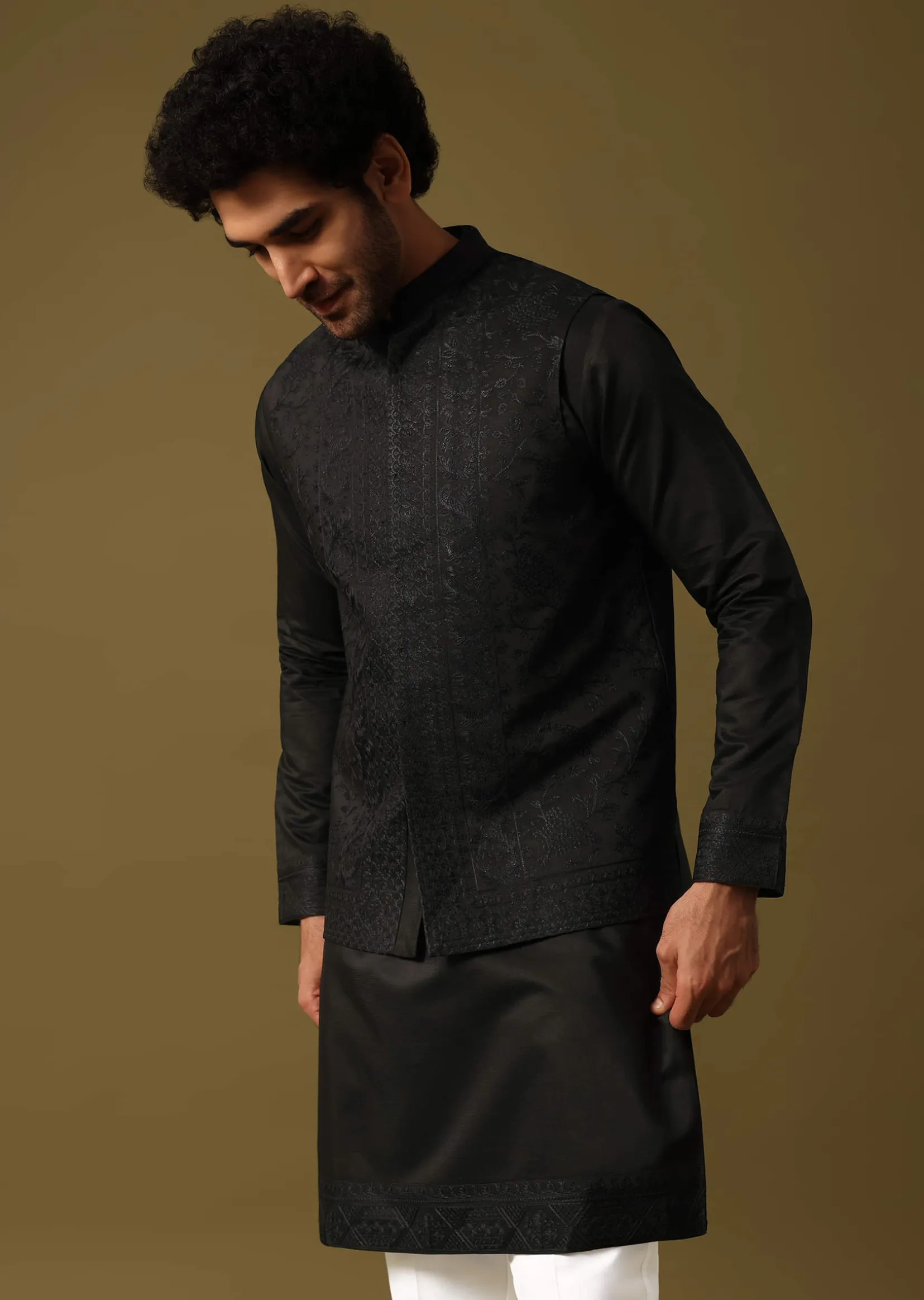 Black Kurta Jacket Set With Resham Work For Men