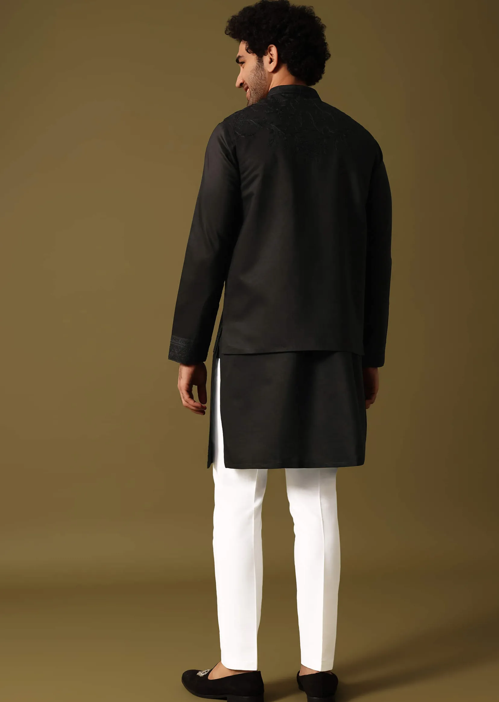 Black Kurta Jacket Set With Resham Work For Men